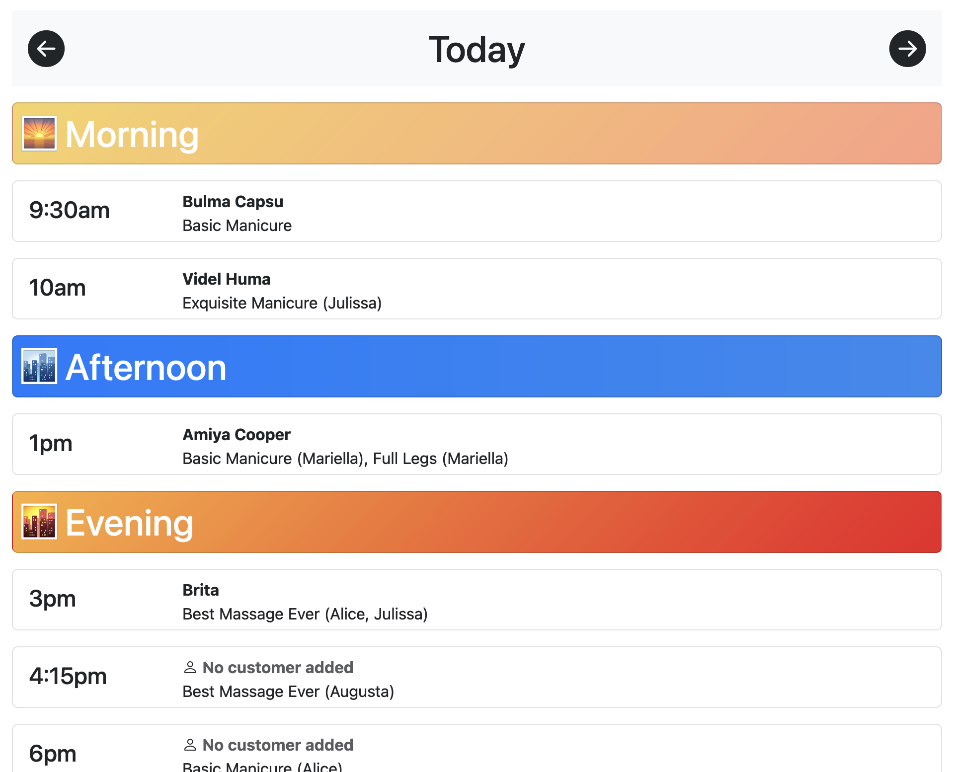 Bookings for today Bookings for today